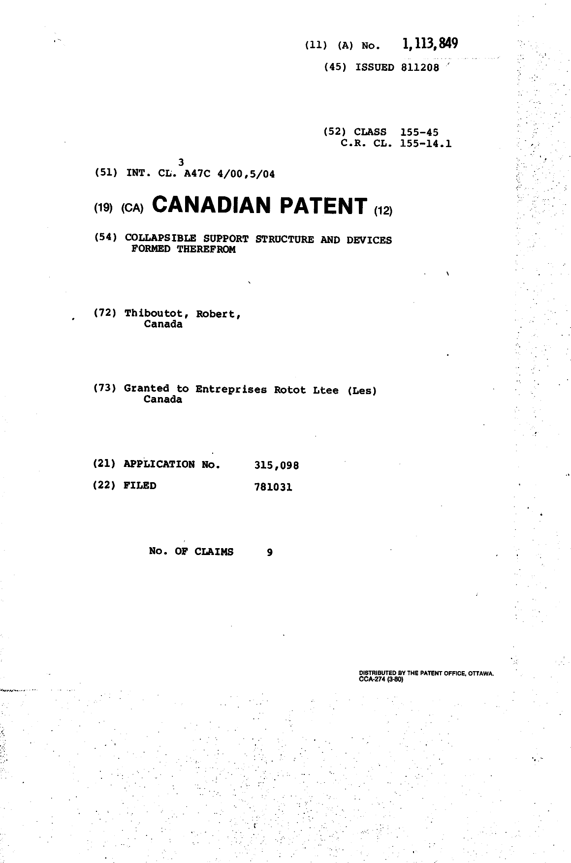 Canadian Patent Document 1113849. Cover Page 19940329. Image 1 of 1
