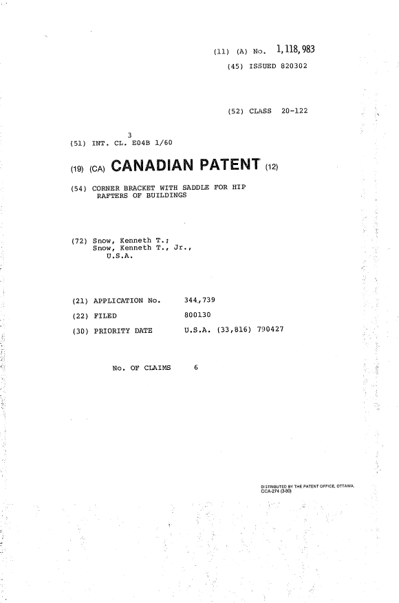 Document de brevet canadien 1118983. Page couverture 19940202. Image 1 de 1