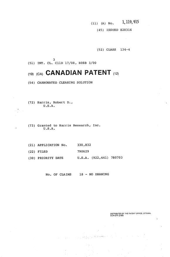 Canadian Patent Document 1119915. Cover Page 19940202. Image 1 of 1