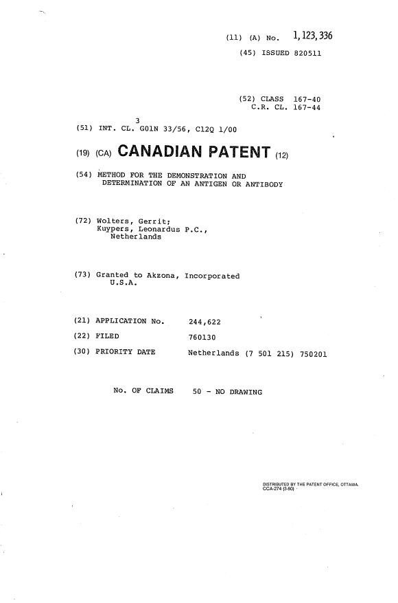 Document de brevet canadien 1123336. Page couverture 19940216. Image 1 de 1