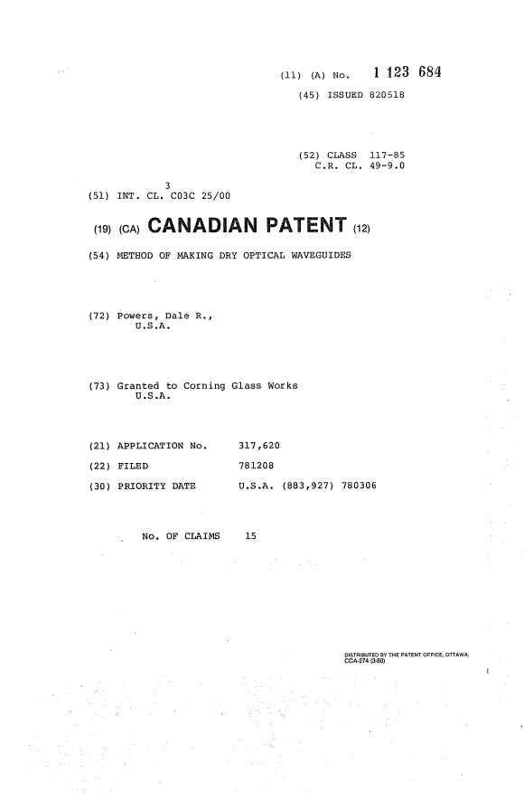 Canadian Patent Document 1123684. Cover Page 19940216. Image 1 of 1