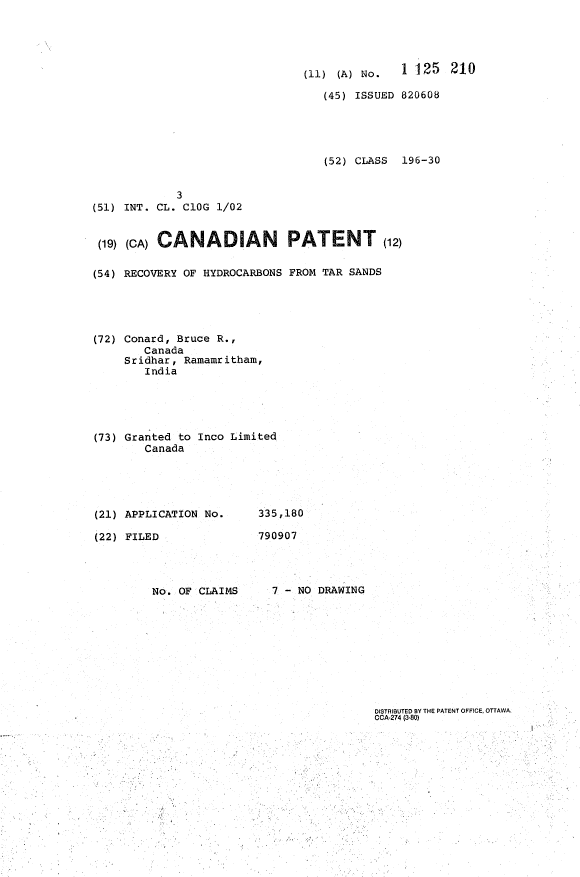 Canadian Patent Document 1125210. Cover Page 19931217. Image 1 of 1