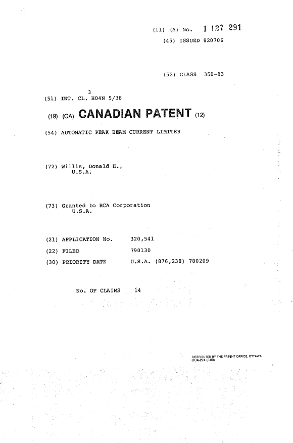 Canadian Patent Document 1127291. Cover Page 19940217. Image 1 of 1