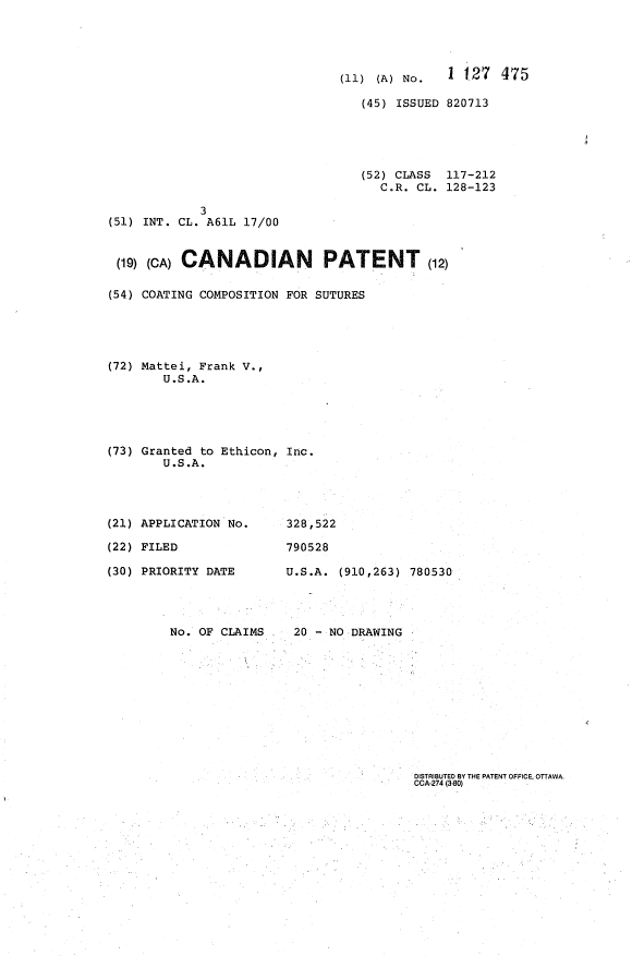 Document de brevet canadien 1127475. Page couverture 19940217. Image 1 de 1