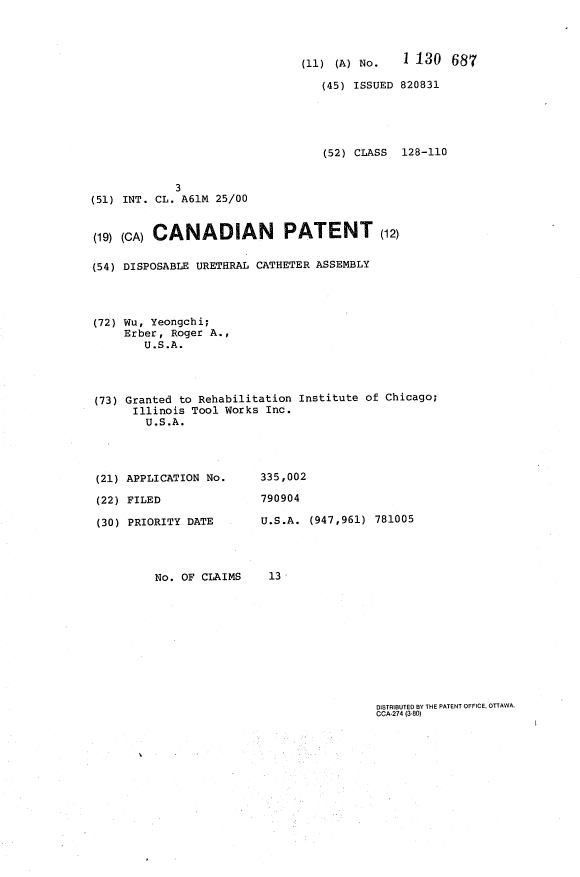 Canadian Patent Document 1130687. Cover Page 19940218. Image 1 of 1