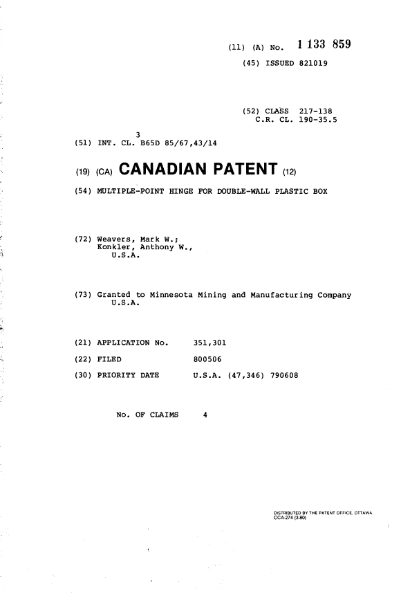 Canadian Patent Document 1133859. Cover Page 19940223. Image 1 of 1