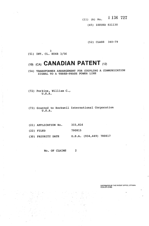 Canadian Patent Document 1136727. Cover Page 19940301. Image 1 of 1