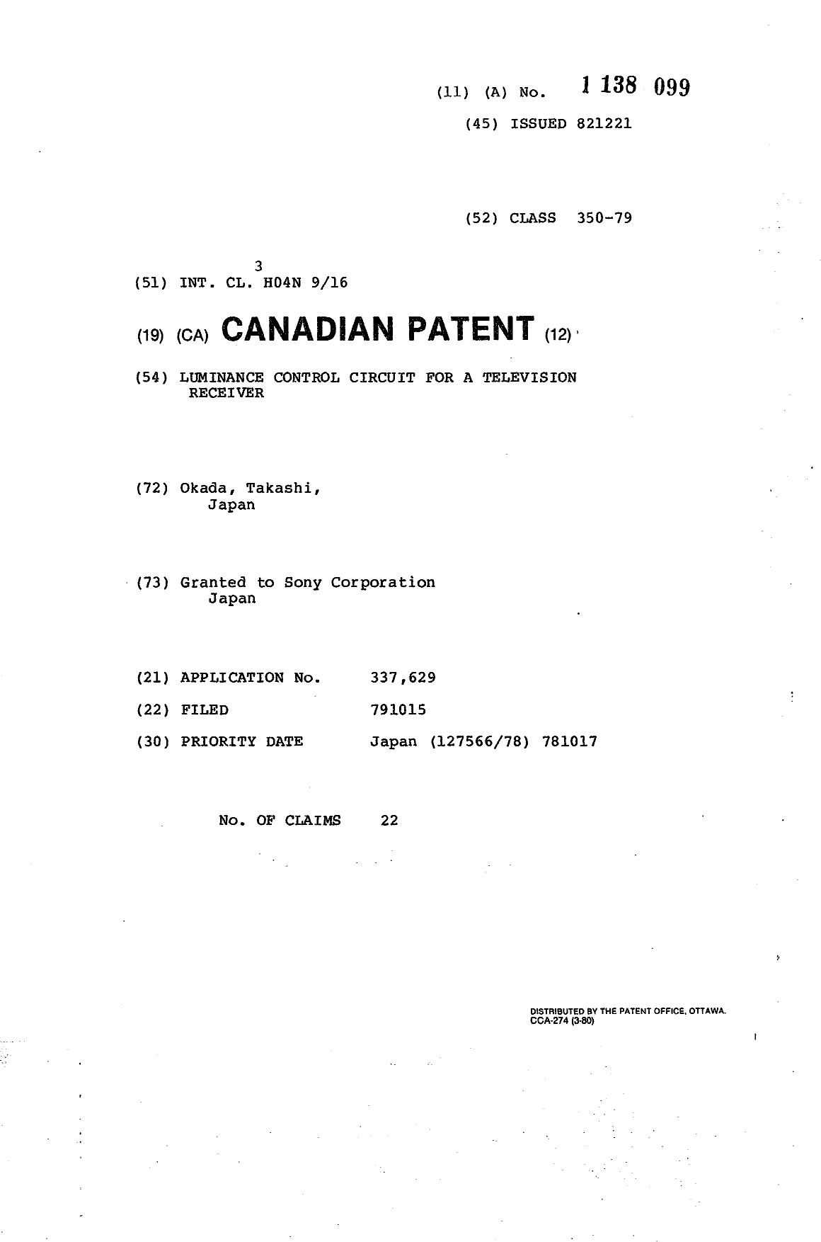 Canadian Patent Document 1138099. Cover Page 19940228. Image 1 of 1