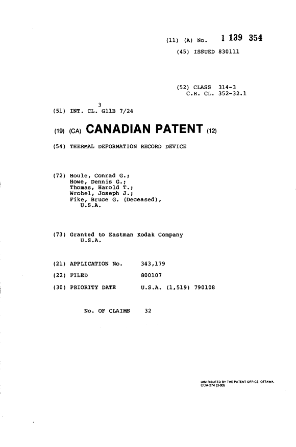 Canadian Patent Document 1139354. Cover Page 19940105. Image 1 of 1