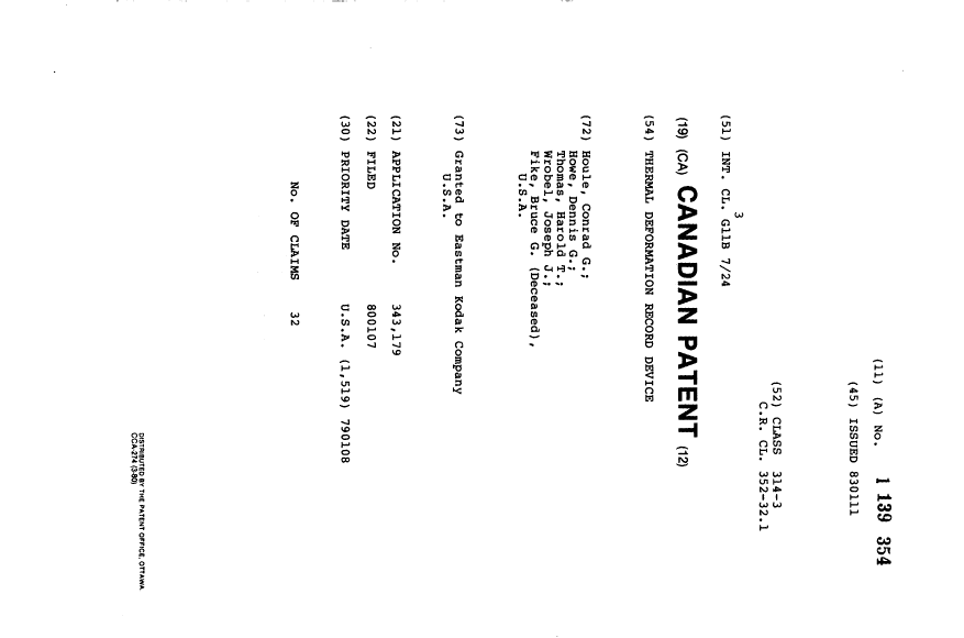 Canadian Patent Document 1139354. Cover Page 19940105. Image 1 of 1