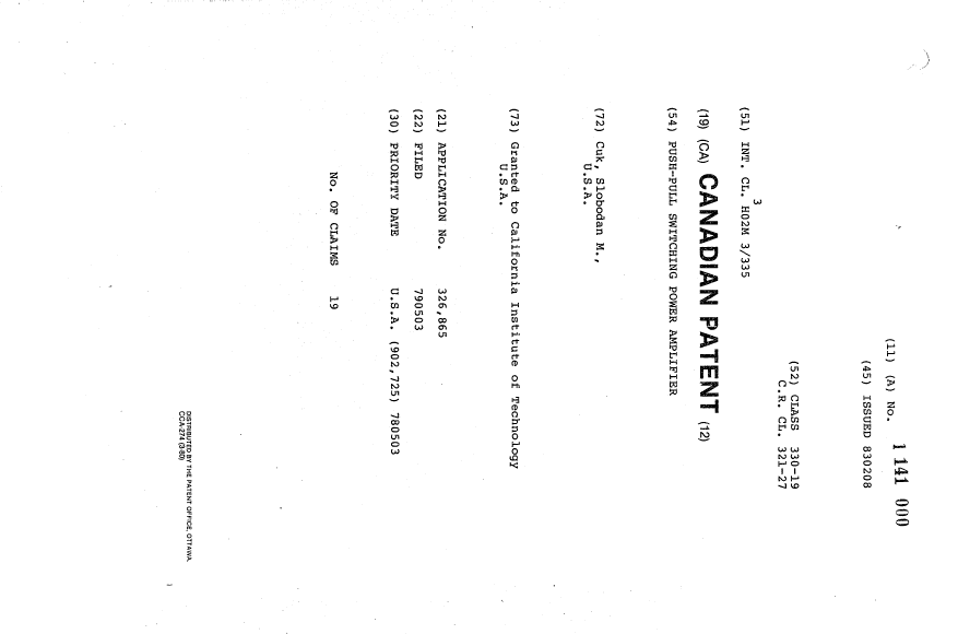 Canadian Patent Document 1141000. Cover Page 19940105. Image 1 of 1