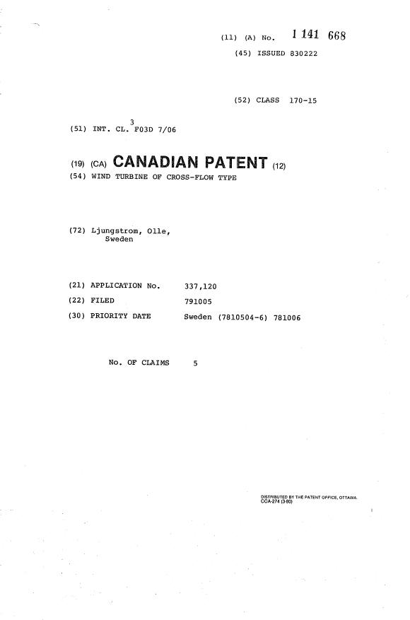 Canadian Patent Document 1141668. Cover Page 19940104. Image 1 of 1