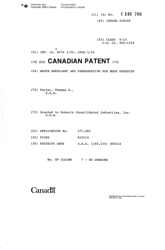 Document de brevet canadien 1146706. Page couverture 19940111. Image 1 de 1