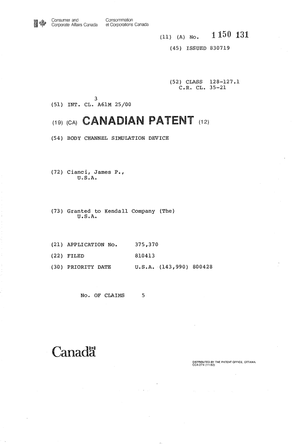 Canadian Patent Document 1150131. Cover Page 19940112. Image 1 of 1