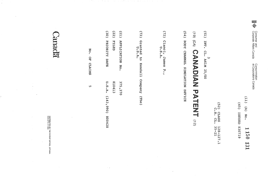 Canadian Patent Document 1150131. Cover Page 19940112. Image 1 of 1