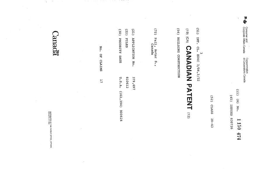 Canadian Patent Document 1150474. Cover Page 19931212. Image 1 of 1