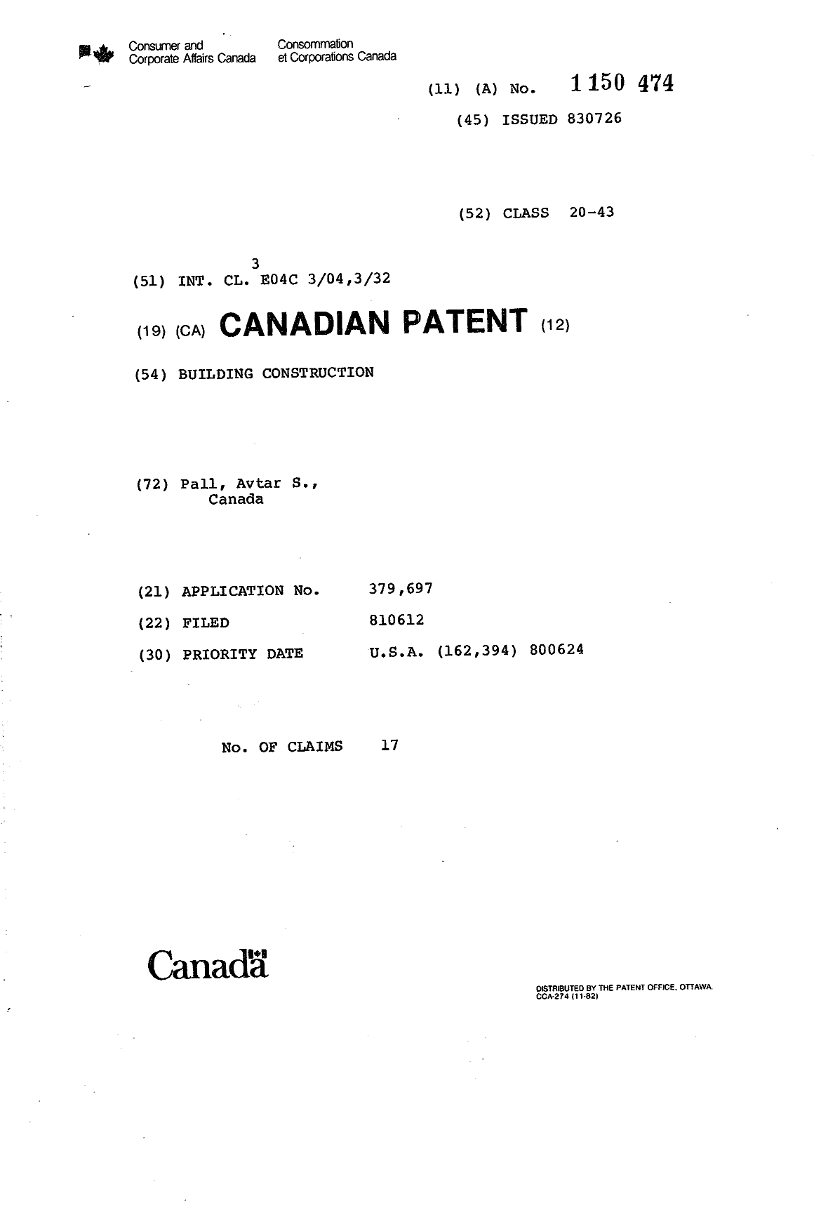 Canadian Patent Document 1150474. Cover Page 19931212. Image 1 of 1