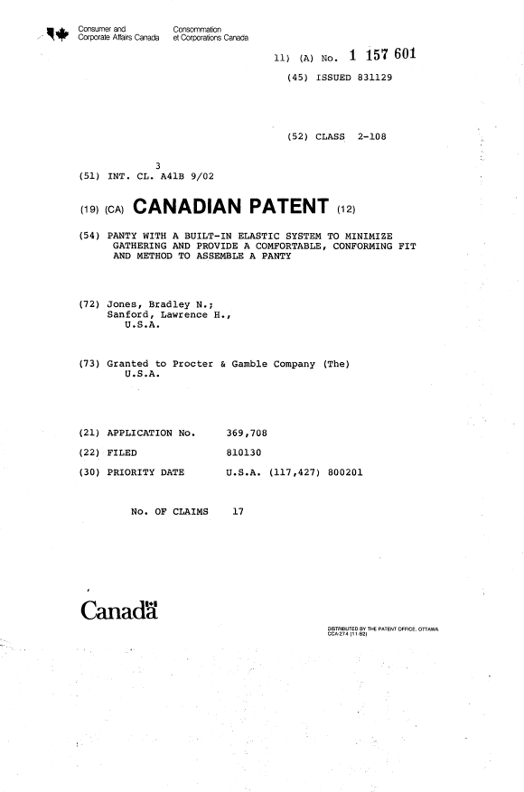 Canadian Patent Document 1157601. Cover Page 19940315. Image 1 of 1