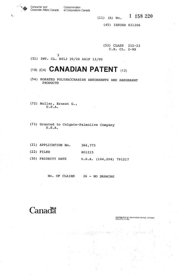Canadian Patent Document 1158220. Cover Page 19940303. Image 1 of 1
