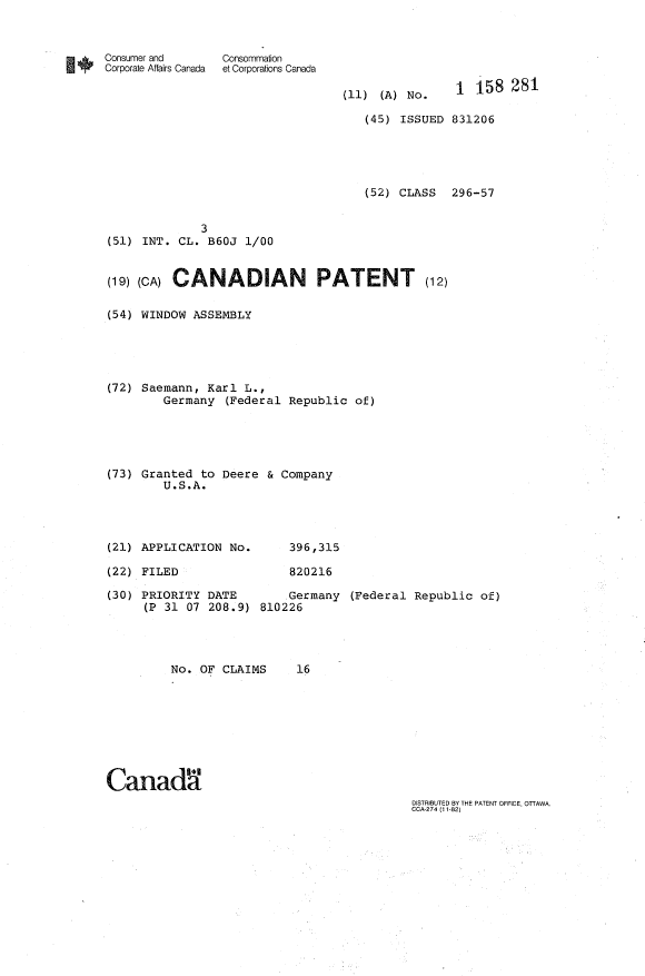 Canadian Patent Document 1158281. Cover Page 19940303. Image 1 of 1