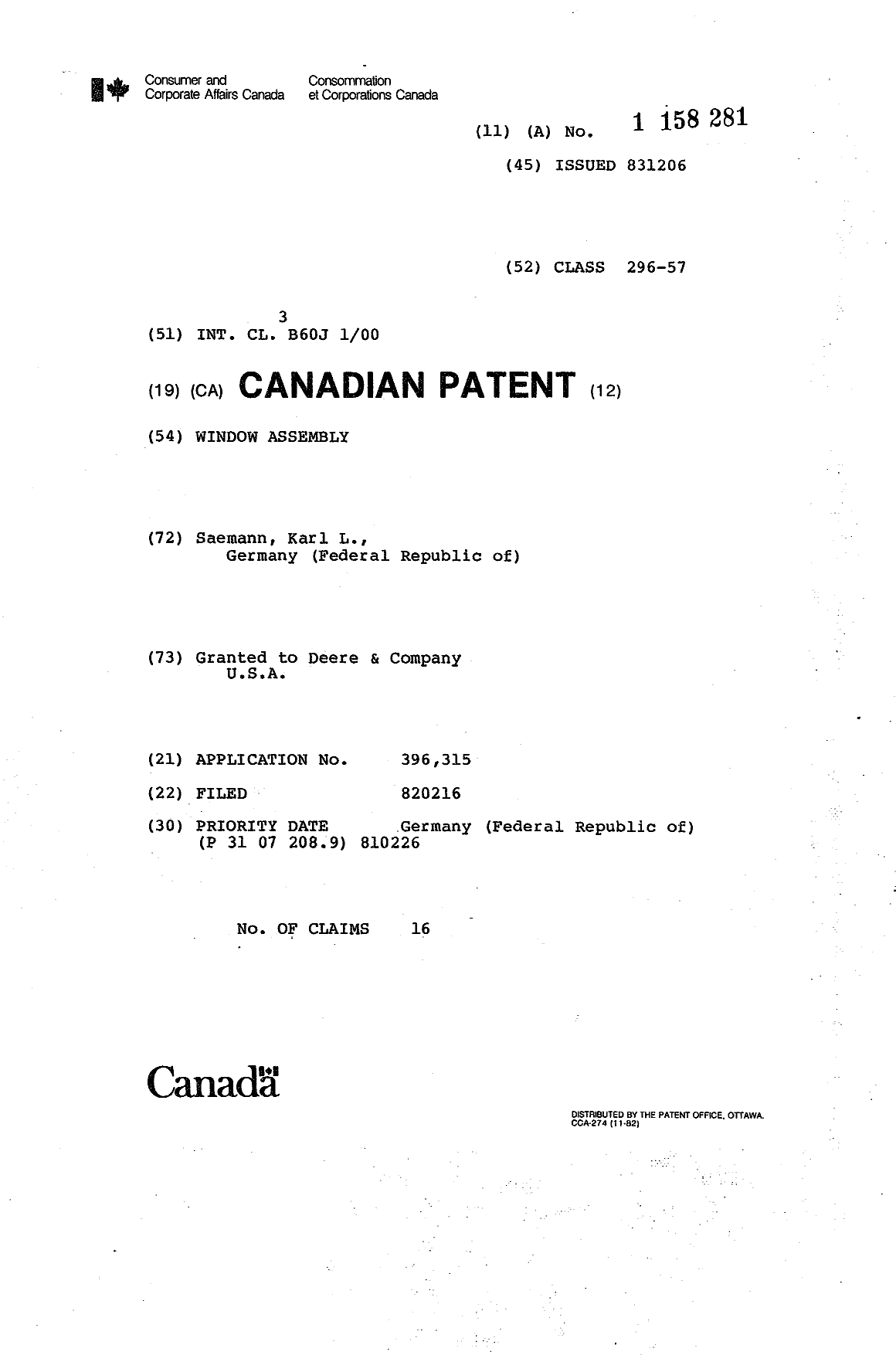Canadian Patent Document 1158281. Cover Page 19940303. Image 1 of 1