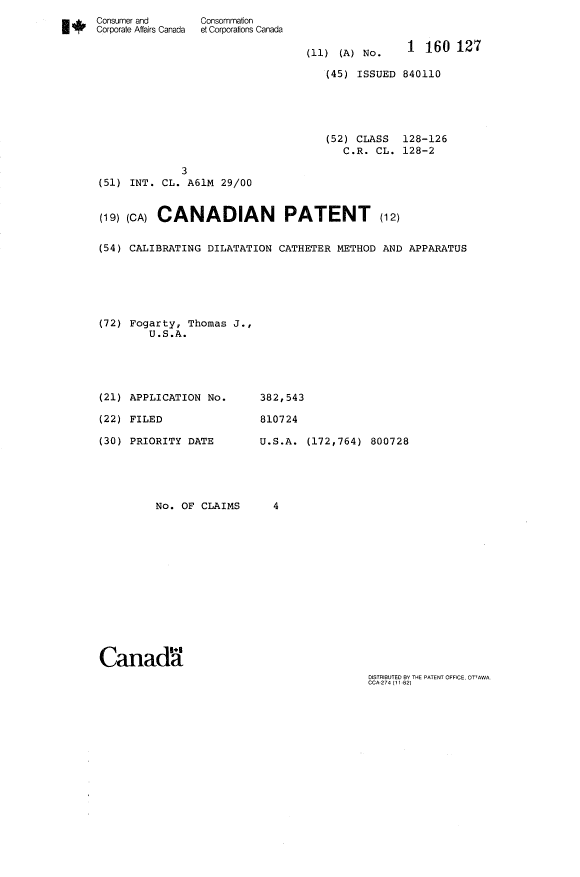 Canadian Patent Document 1160127. Cover Page 19931118. Image 1 of 1