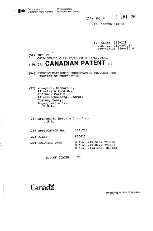 Canadian Patent Document 1161380. Cover Page 19921223. Image 1 of 1