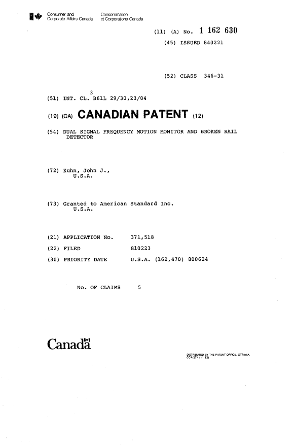 Canadian Patent Document 1162630. Cover Page 19931123. Image 1 of 1