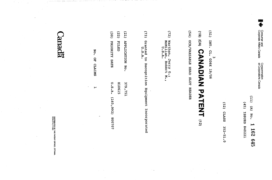 Canadian Patent Document 1162645. Cover Page 19931123. Image 1 of 1