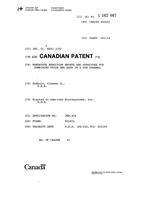 Canadian Patent Document 1162667. Cover Page 19931123. Image 1 of 1