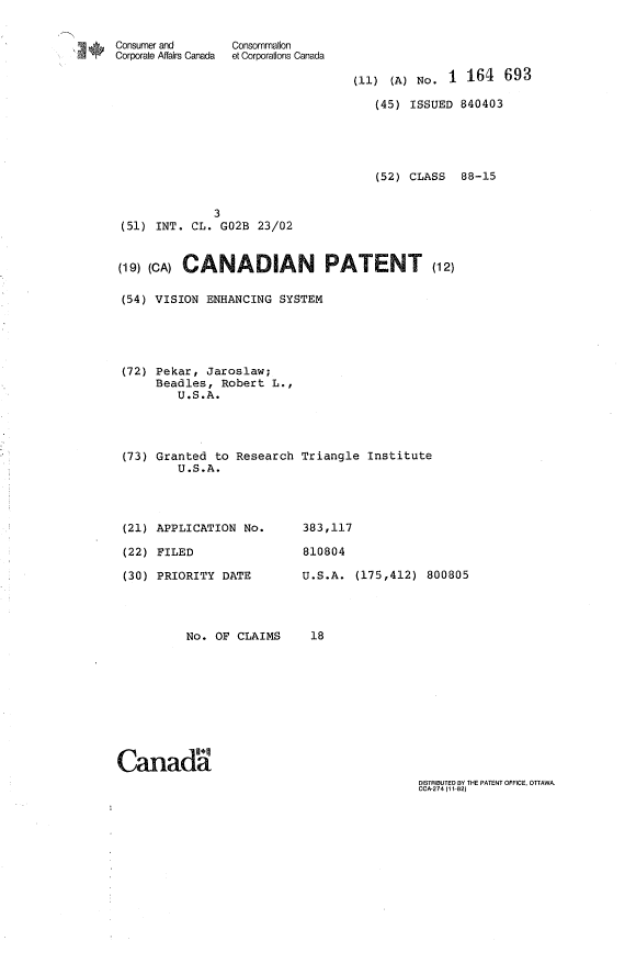 Canadian Patent Document 1164693. Cover Page 19921202. Image 1 of 1