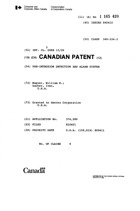 Canadian Patent Document 1165420. Cover Page 19931202. Image 1 of 1