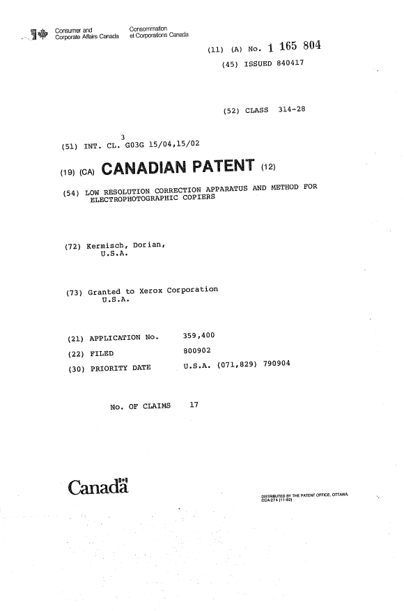 Canadian Patent Document 1165804. Cover Page 19921202. Image 1 of 1