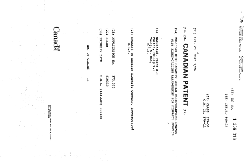 Canadian Patent Document 1166316. Cover Page 19921207. Image 1 of 1