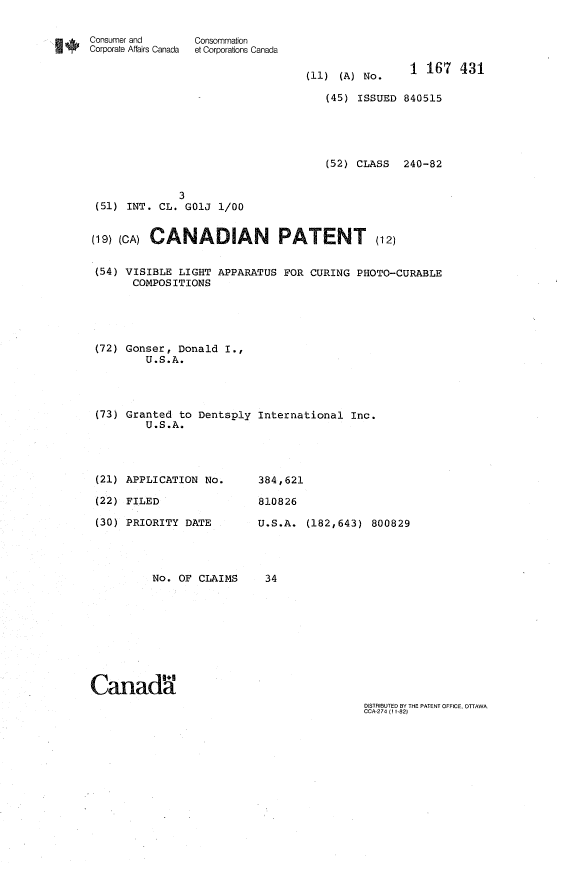 Canadian Patent Document 1167431. Cover Page 19921202. Image 1 of 1