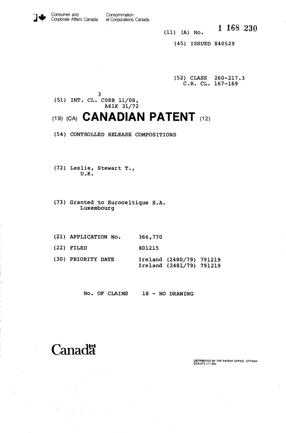 Canadian Patent Document 1168230. Cover Page 19931215. Image 1 of 1