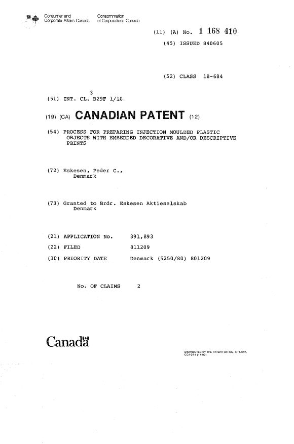 Document de brevet canadien 1168410. Page couverture 19931208. Image 1 de 1