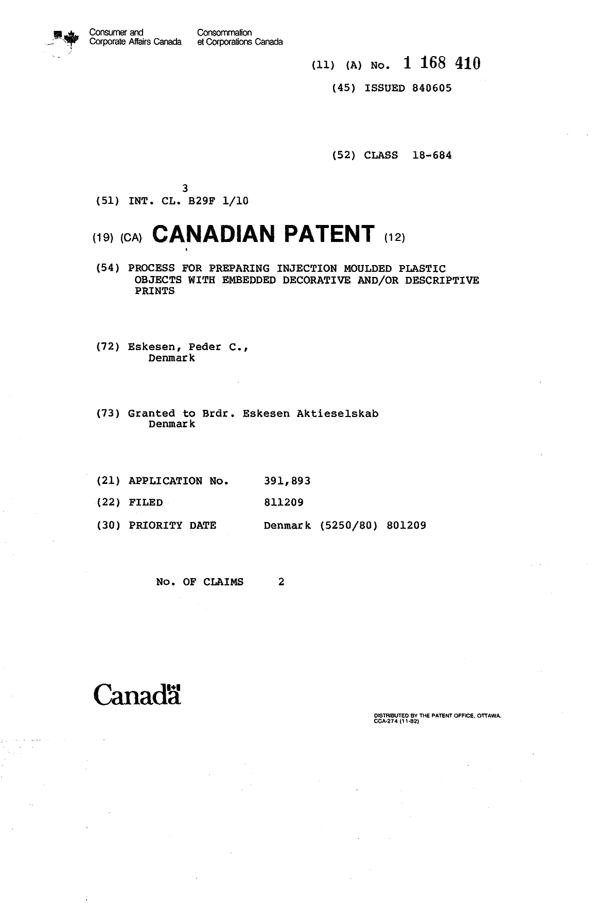 Canadian Patent Document 1168410. Cover Page 19931208. Image 1 of 1