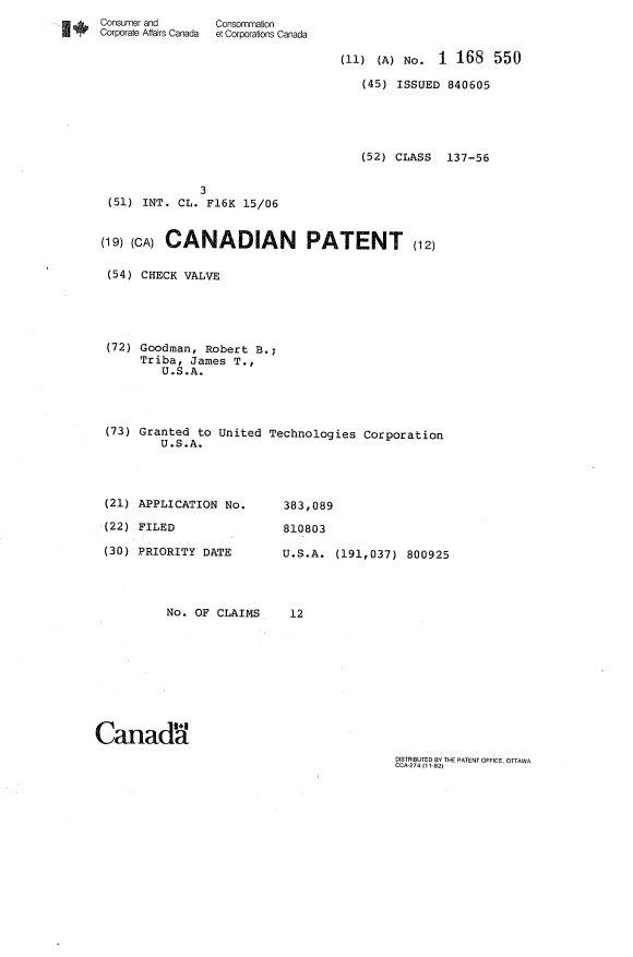 Canadian Patent Document 1168550. Cover Page 19931208. Image 1 of 1