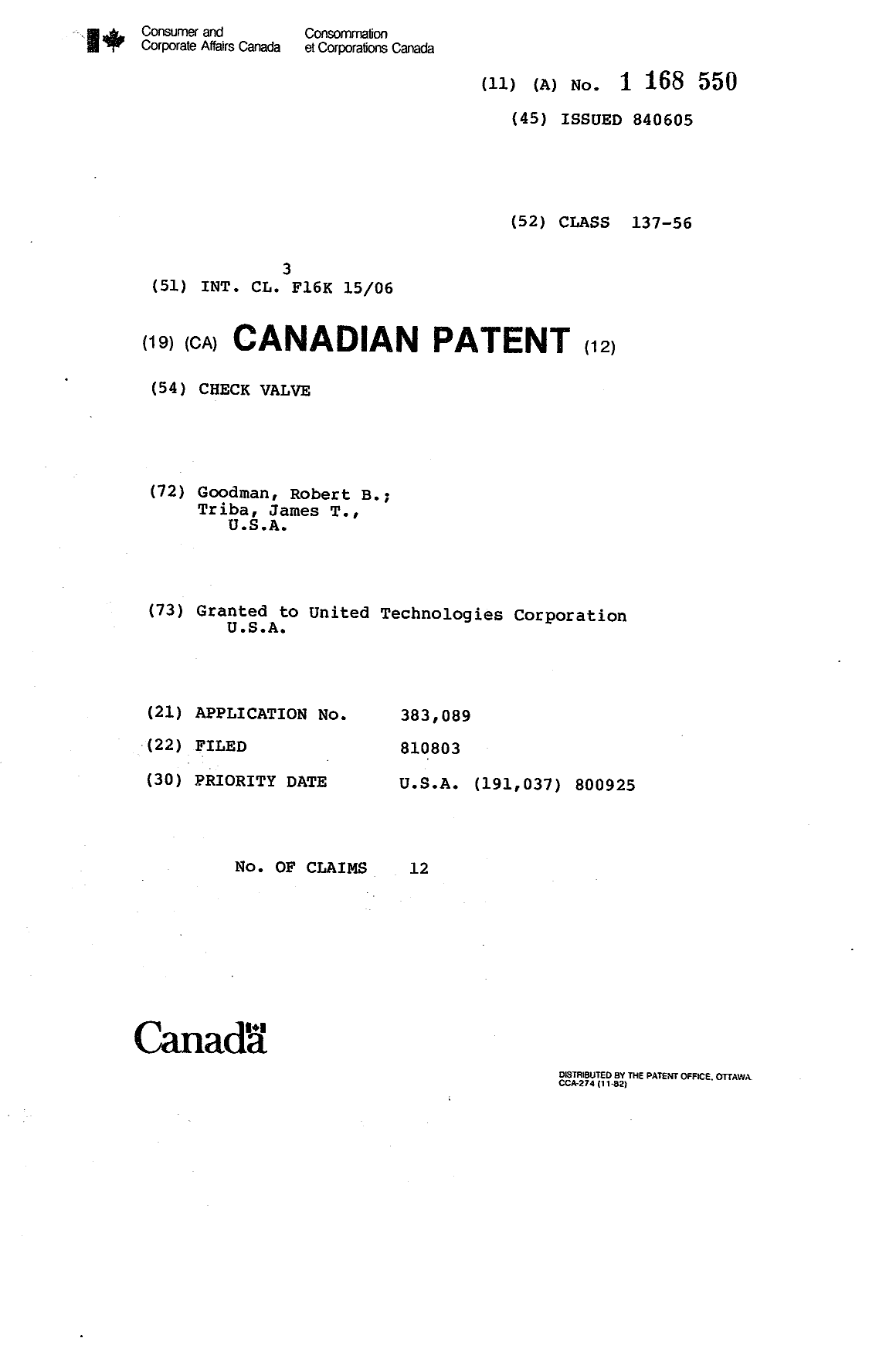 Canadian Patent Document 1168550. Cover Page 19931208. Image 1 of 1