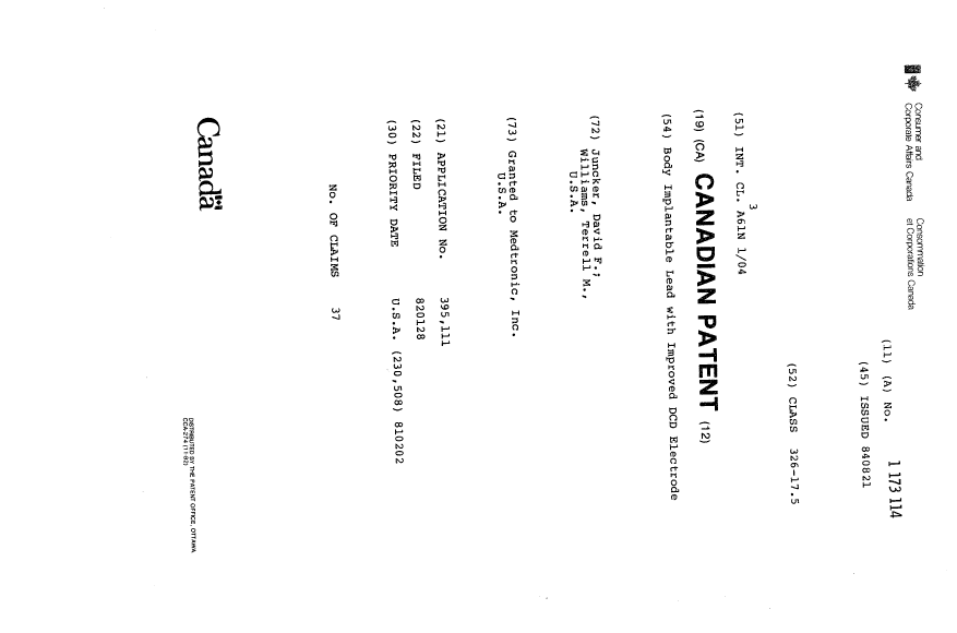 Canadian Patent Document 1173114. Cover Page 19931226. Image 1 of 1