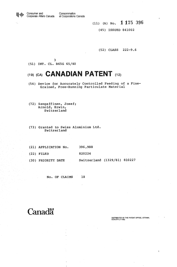 Canadian Patent Document 1175396. Cover Page 19931216. Image 1 of 1