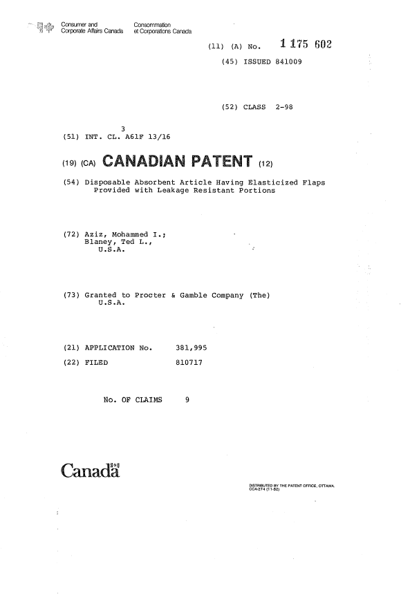 Canadian Patent Document 1175602. Cover Page 19931216. Image 1 of 1