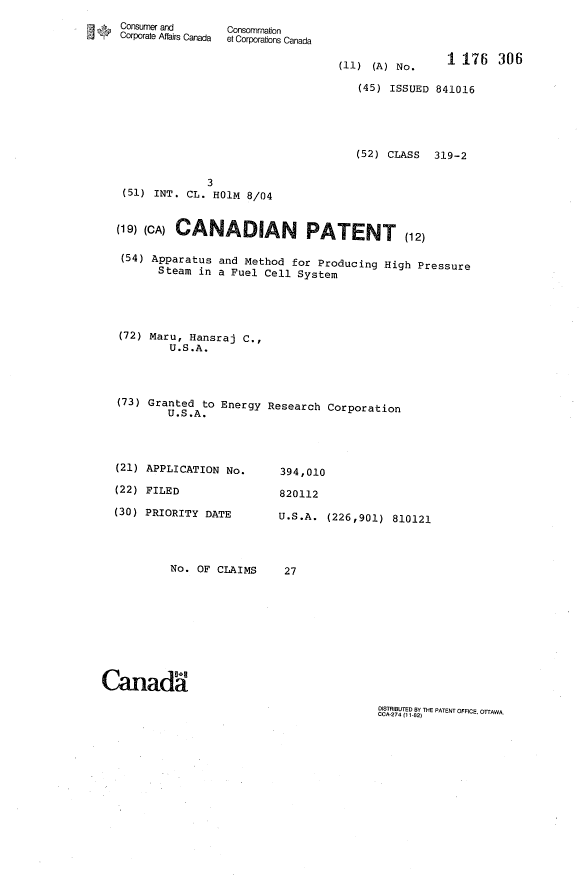 Canadian Patent Document 1176306. Cover Page 19931216. Image 1 of 1