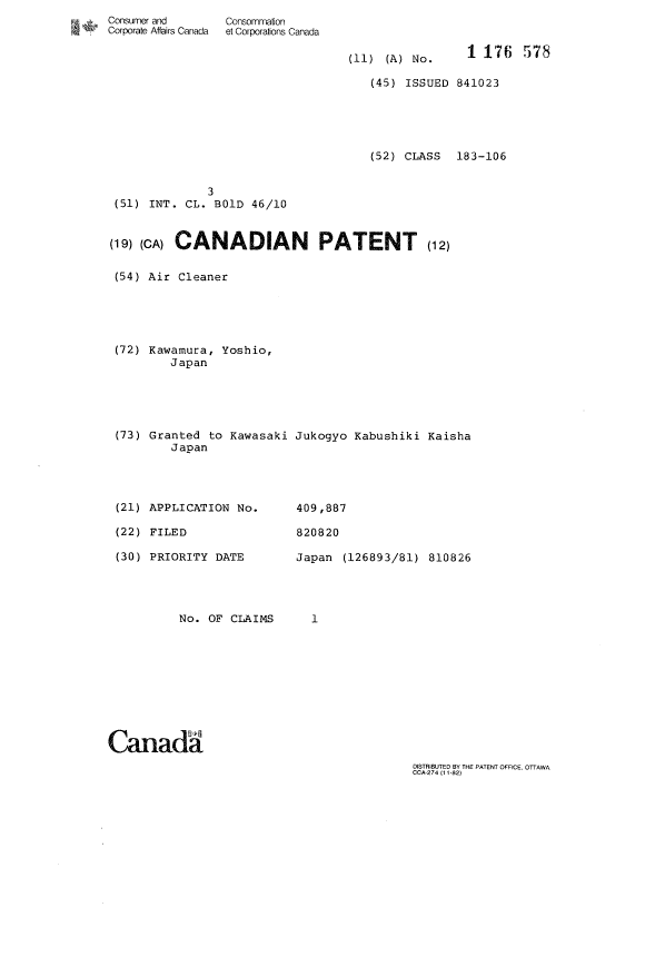 Canadian Patent Document 1176578. Cover Page 19931216. Image 1 of 1