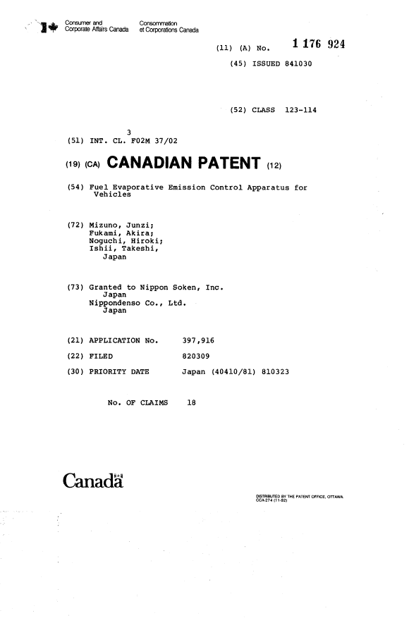 Canadian Patent Document 1176924. Cover Page 19931216. Image 1 of 1