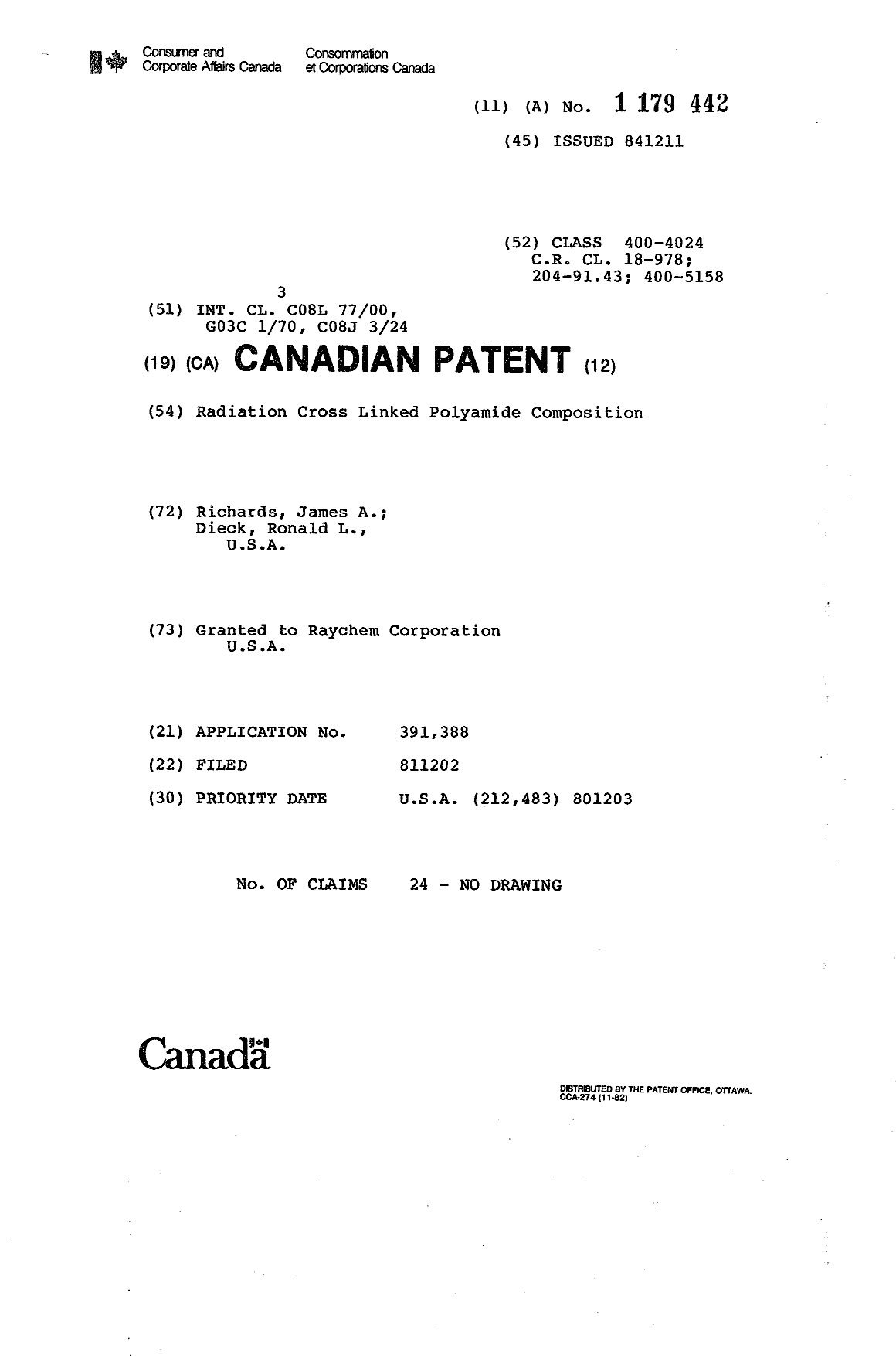 Canadian Patent Document 1179442. Cover Page 19931217. Image 1 of 1