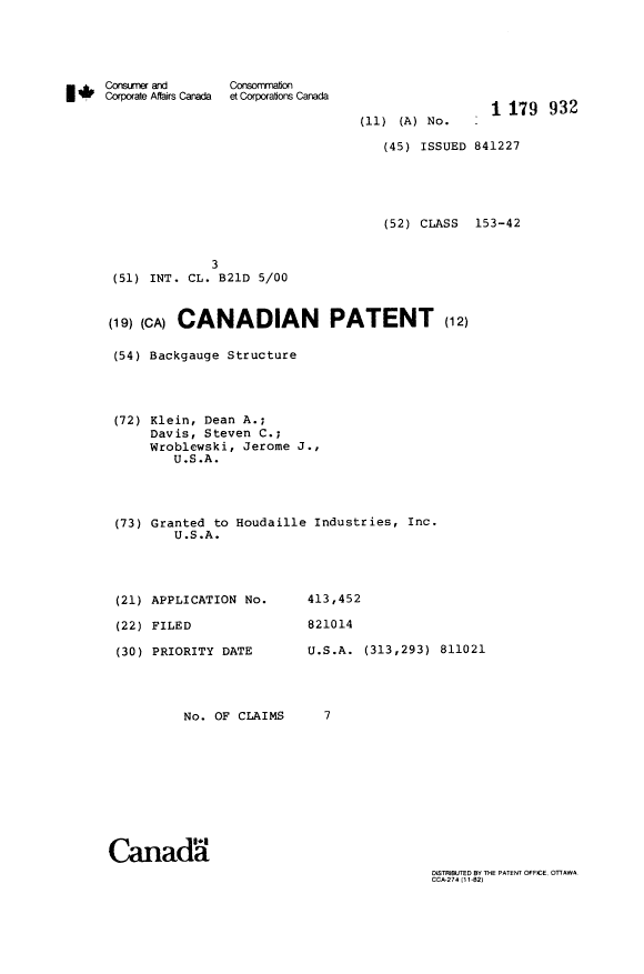 Canadian Patent Document 1179932. Cover Page 19940112. Image 1 of 1