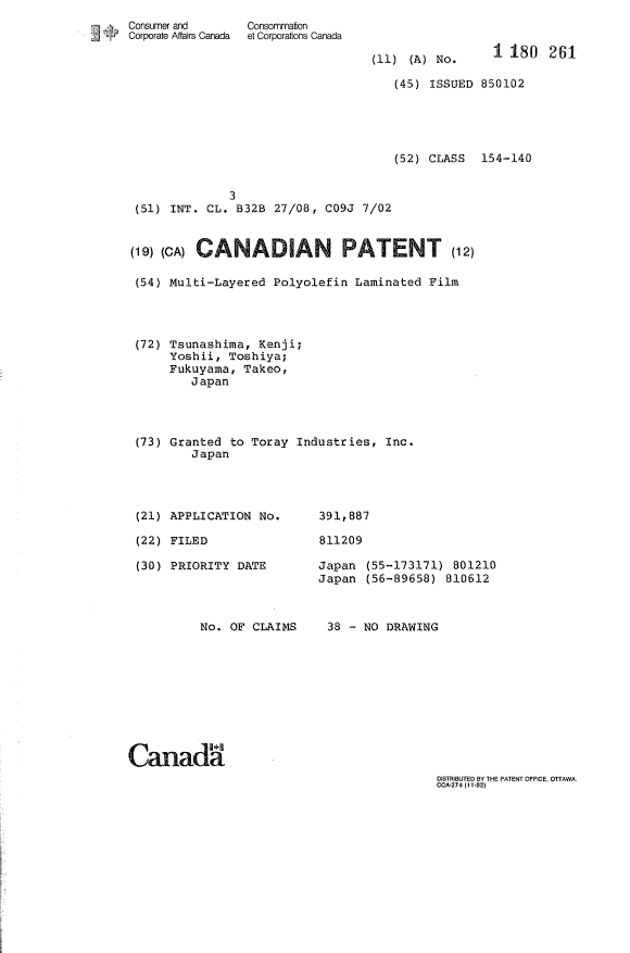 Canadian Patent Document 1180261. Cover Page 19921213. Image 1 of 1