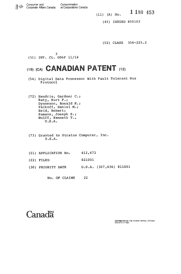 Document de brevet canadien 1180453. Page couverture 19940722. Image 1 de 1